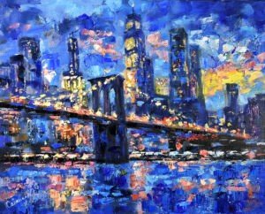 Brooklyn Bridge Painting New York Original Art Night City Urban Landscape