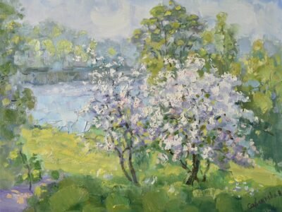 Blooming Tree Painting Apple Landscape Spring Nature Original Art